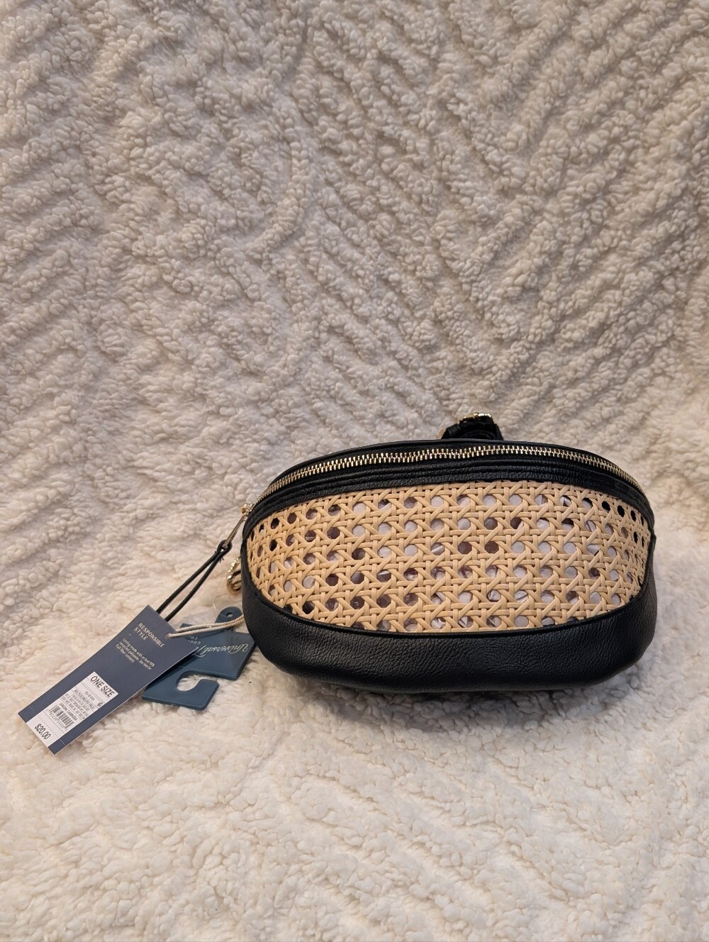 Woven Raffia and Black Faux Leather Belt Bag